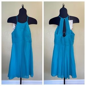 AW Bridal Chiffon Blue Pleated Halter Top Fit & Flare Flowy Dress Size 8